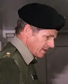 An Australian officer wearing the black beret of the Royal Australian Armoured Corps in 1985.