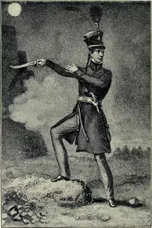 A man (John Shipp) wielding a curved sword and with a pistol in his belt, wearing a large military hat and uniform of the early nineteenth century on a moonlight night.