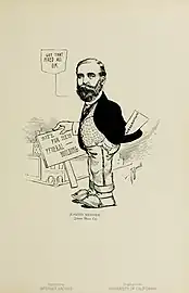 Caricature referencing Joseph Mesmer's fundraising for the second Los Angeles federal building