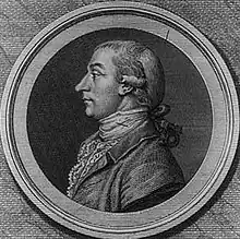 Black and white print of a man wearing an 18th-century wig, dark coat and frilled white shirt.