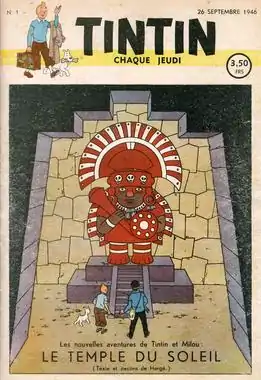 The cover of the first issue of Tintin magazine shows Tintin and Haddock approaching a large Inca statue.