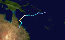 Joy formed in the upper left of the map and headed generally to the west. The storm then curved to the southwest and then to the southeast before curving southwest again and dissipating.