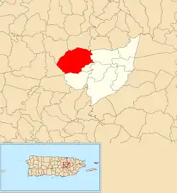 Location of Juan Asencio within the municipality of Aguas Buenas shown in red