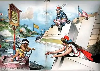 Image 22Rebel leaders engaged in extensive propaganda to get the U.S. to intervene, as shown in this cartoon in an American magazine. Columbia (the American people) reaches out to help oppressed Cuba in 1897 while Uncle Sam (the U.S. government) is blind to the crisis and will not use its powerful guns to help. Judge magazine, 6 February 1897. (from History of Cuba)