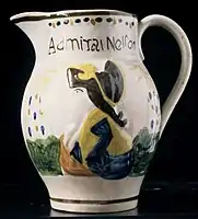 Admiral Nelson jug, probably 1790s, in Prattware, cheap lead-glazed earthenware