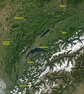 Satellite image of the Jura mountains and Western Alps, including Lake Geneva, with major cities labeled