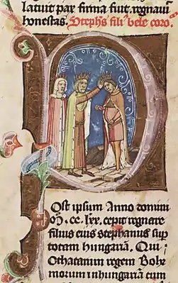 Chronicon Pictum, Hungarian, Hungary, King Stephen V, King Béla IV, king, Queen Maria Laskarina, crown, coronation, royal, medieval, chronicle, book, illumination, illustration, history