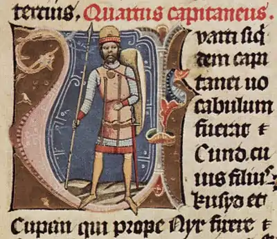 Chronicon Pictum, Hungarian, Kund, chieftain, spear, shield, armor, medieval, chronicle, book, illumination, illustration, history