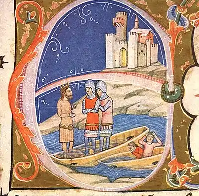 Chronicon Pictum, Hungarian, Hungary, Pozsony, Pressburg, Bratislava, castle, Danube, Holy Roman Emperor Henry III, Zotmund, ships, sinking, knights, armor, medieval, chronicle, book, illumination, illustration, history