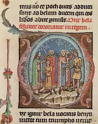 Chronicon Pictum, Hungarian, Hungary, King Béla, King Solomon, crowing, sword, nobelman, medieval, chronicle, book, illumination, illustration, history