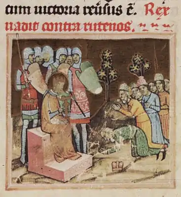 Chronicon Pictum, Hungarian, Hungary, King Saint Ladislaus, knights, soliders, crown, halo, throne, Ruthenians, pledg allegiance, kneeling, medieval, chronicle, book, illumination, illustration, history