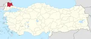 Kırklareli highlighted in red on a beige political map of Turkeym