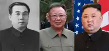 Three photos depicting each of the three members of the Kim family: Kim Jong-un, Kim Il-sung and Kim Jong-il