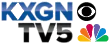 Two lines of text: "KXGN" in blue above "TV5" in black, both in a sans serif. The CBS and NBC logos are stacked, CBS above NBC, to the right of the text.