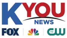 A large blue K next to a smaller red "YOU" with a curved underline in black under it. The word "NEWS" is under the underline. Beneath all this are the Fox, NBC, and CW logos.