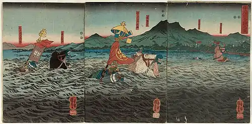 Kajiwara Kagesue, Sasaki Takatsuna, and Hatakeyama Shigetada racing to cross the Uji River before the second battle of Uji, by Utagawa Kuniyoshi.