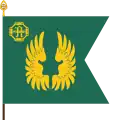 The colour of the Kainuu Jaeger Battalion, part of the Kainuu Brigade, follows the traditional swallow-tailed format of infantry units. The flag features the family crest of the founder of the city of Kajaani, count Brahe, as well as the symbol of the 14th Division which formed and fought nearby.