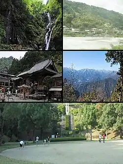 Clockwise from upper left: Amagoi Fall, Akui River, view of Mount Tsurugi from Shōsan Temple, square in Kamiyama Forest Park, Shōsan Temple