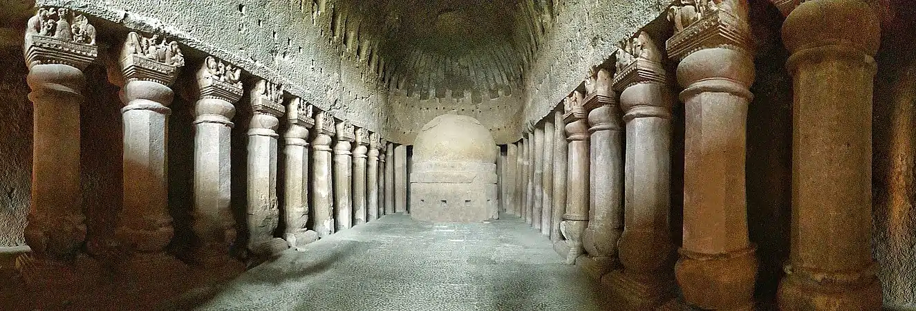 Great Chaitya hall panorama. A slightly late imitation of the Great Chaitya at Karla Caves.