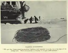 In the foreground, standing on sea ice, is a massive coil of rope or steel wire. In the background three men stand by a hole in the ice. Part of a ship's hull is visible, left background.