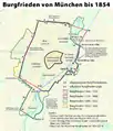 Map of the Burgfrieden (castle precincts) of Munich, green line 1846 to 1852