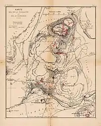 Map of Tel Megiddo and Lajjun in 1905. The village is at the dark knee of the stream