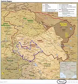 Kathua lies in the Jammu division (neon blue) of the Indian-administered Jammu and Kashmir (shaded in tan) in the disputed Kashmir region.