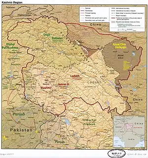 A map showing Pakistan-administered Azad Kashmir shaded in sage in the disputed Kashmir region