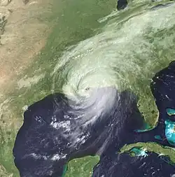 Satellite image of a hurricane making landfall. The hurricane has an eye.