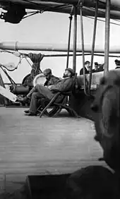 As Swiss mountain guides employed by the CPR, Peter Kaufmann (left) and Edward Feuz, Sr. (right) sailed aboard the S.S. Lake Champlain, crossing the Atlantic from Liverpool to Quebec (May 1908).