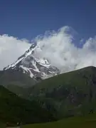 Mount Kazbek from the outside of the Gergeti Trinity Church