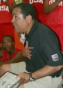 Kelvin Sampson coaching during an Operation Hardwood game in Kuwait