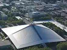 Aerial view of the Climate Pledge Arena (previously Coliseum), designed by Paul Thiry and built for the Century 21 Exposition (1962 World's Fair)