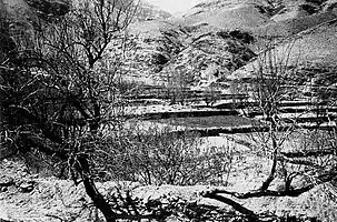 Fig. K3. Permanent irrigation and agriculture based on the karez system in a small valley in Baluchistan