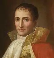 Painting of a round-eyed man in court dress with lots of gold lace. He wears a white frilled shirt front with an exaggerated high collar and a red cloak.