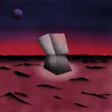 A grey monument on the surface of a planet, with a purple moon in the sky behind it