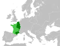 The Kingdom of France in 1190. The bright green area was controlled by the so-called Angevin Empire.