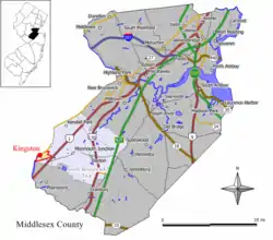 Map of Kingston showing section in Middlesex County. Inset: Location of Middlesex County in New Jersey.