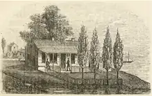 Black and white sketch of a well-kept log house, with multiple windows, a front porch, fence and landscape.  Two people are on the porch.