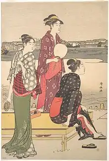 Illustration of three Japanese women in kimonos relaxing by a river