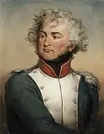 Painting of a curly-haired man with a cleft chin. He wears a blue military uniform with a white front.