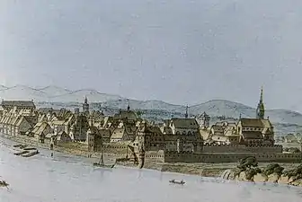 Kleinbasel around 1795; the Theodorskirche on the right. Etching by Christian von Mechel (detail)