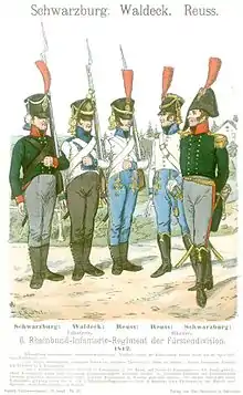 Print shows five soldiers. From left to right, the first soldier wears a green coat and gray breeches. The second soldier sports a white coat with blue facings and dark gray trousers. The third and fourth are dressed in white coats with light blue pants. The fifth wears the same green and gray as the first, but his headgear is a bicorne hat. The other four soldiers wear black shakos with plumes.