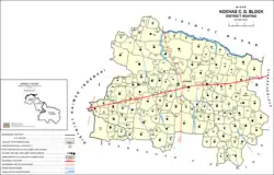 Map of Kochas block. Mahabirganj is counted as part of Parsathua, here numbered 685 in the southwestern part of the block.