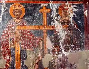 The Roman Emperor Constantine I with his mother Helena of Constantinople, who has found the relic of the holy cross in Jerusalem. Icon painted by Nikolla, son of Onufri, in the St. Mary of Blachernae Church, Berat (Albania), second half of the 16th century.