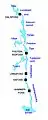 A map of the Kragerø watershed estuary, showing the names of the numerous bodies of water.  The black squares represent power plants on the river.