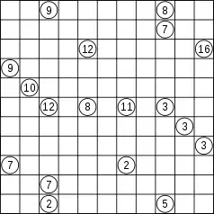 Kuromasu puzzle on an 11 by 11 grid