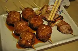 Left to right: Tsukune; negi (scallion) and butabara (pork back ribs)