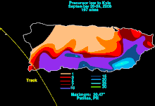 An image of the rain totals across Puerto Rico from Hurricane Kyle in 2008.