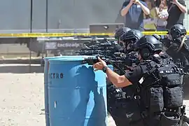 LAPD SWAT Officers with rifles fitted with the DBAL-A2 variant of the PEQ-15, to the top of the hand guard.